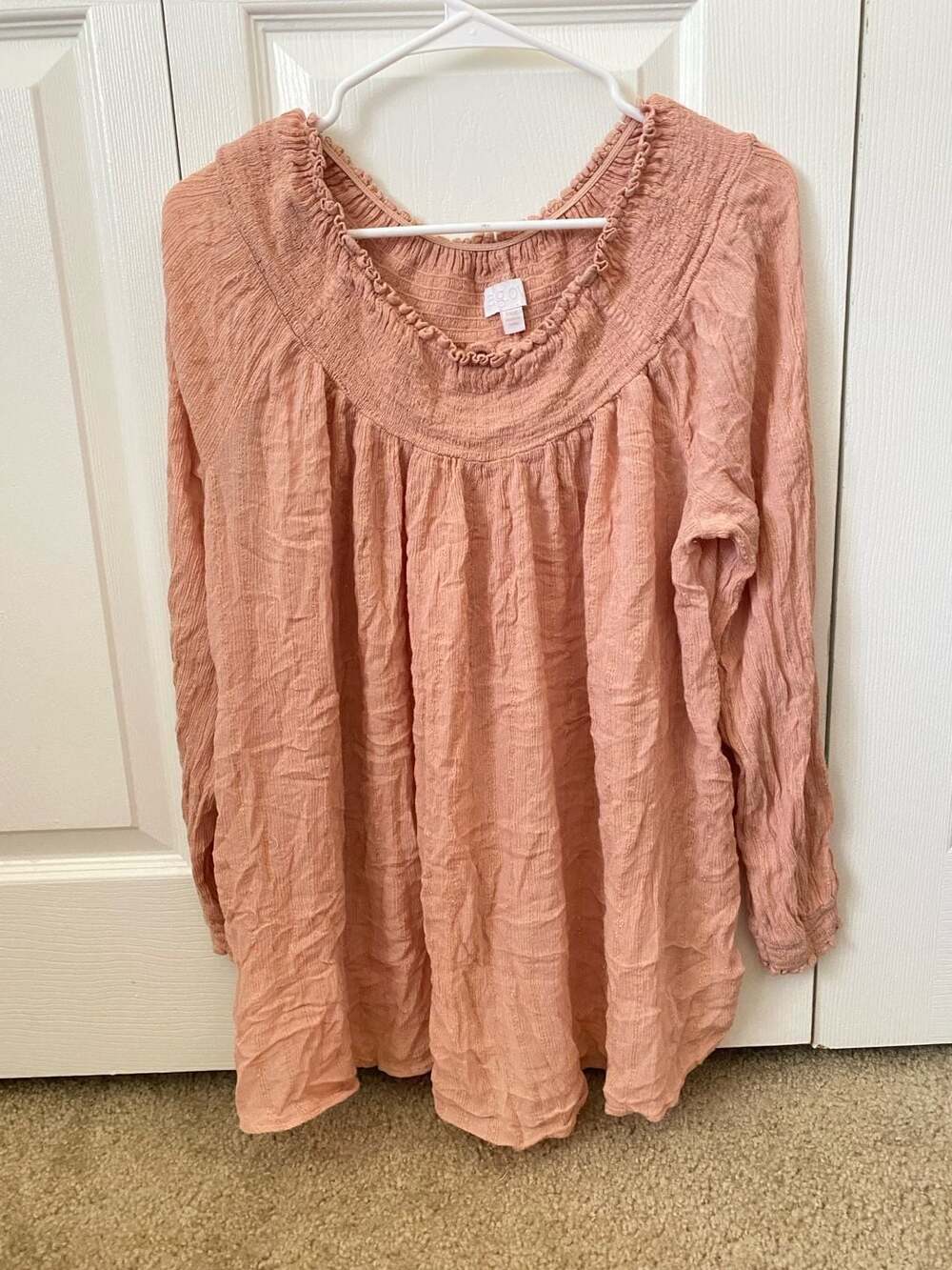 Aglow Women's Pink Metallic Striped Smocked Neck Long Sleeve Blouse Size XL